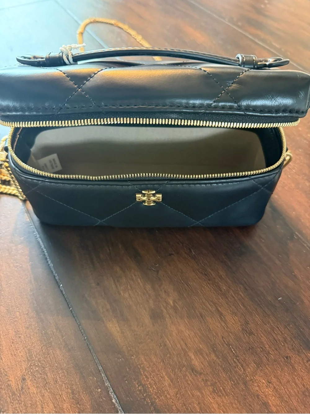 Tory Burch Black Quilted Leather Top-Handle Cosmetic Case with Gold Hardware